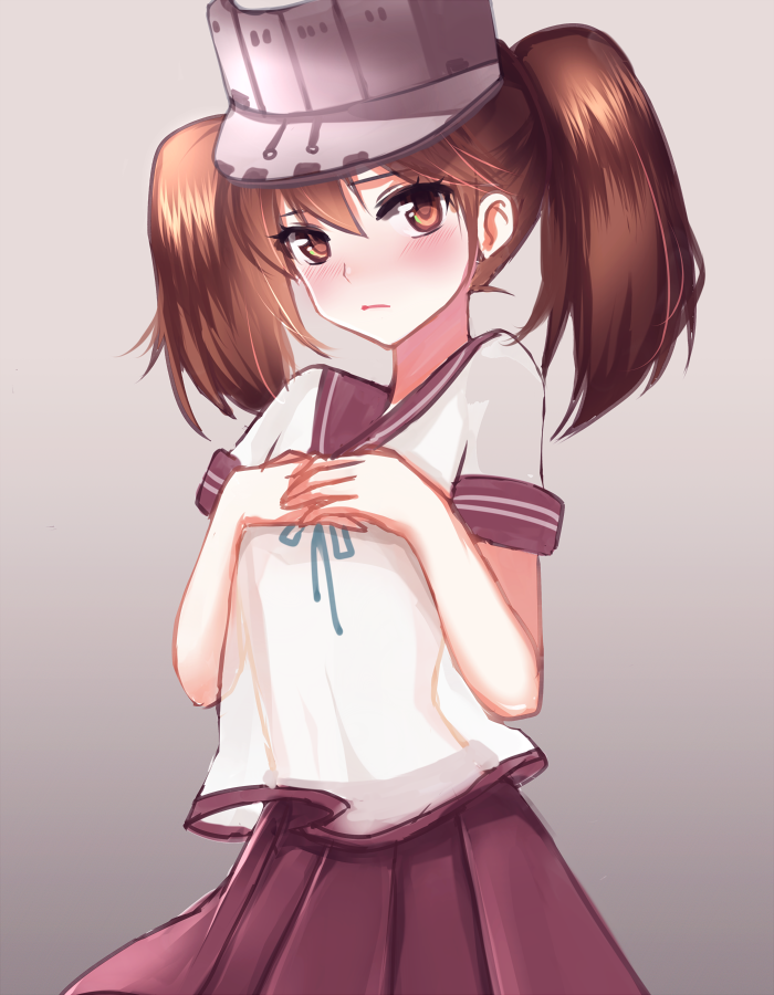 1girl, blush, brown_eyes, brown_hair, cosplay, hat, kantai_collection, long_hair, meaomao, ryuujou_(kantai_collection), school_uniform, serafuku, shikinami_(kantai_collection), shikinami_(kantai_collection)_(cosplay), skirt, solo, twintails, visor_cap