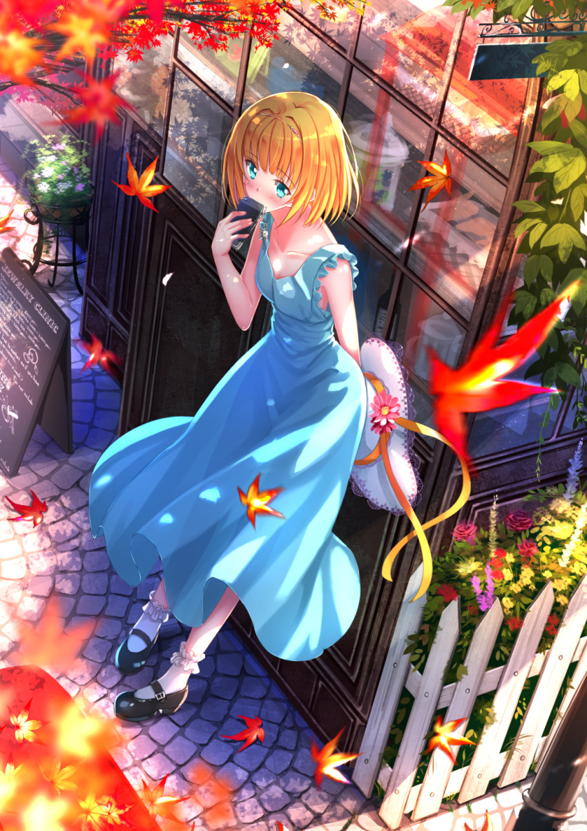 1girl, alternate_costume, ankle_garter, autumn, autumn_leaves, black_shoes, blonde_hair, blue_dress