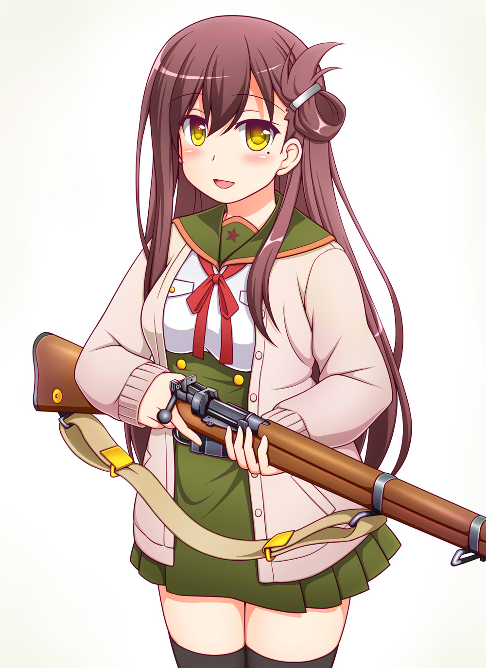 1girl, black_legwear, bolt_action, brown_hair, cardigan, gakkou_gurashi!, gun, hair_ornament, hairclip, highres, lee-enfield, long_hair, mole, mole_under_eye, open_mouth, rifle, school_uniform, simple_background, sling, stolas_(lemegeton), thigh-highs, trigger_discipline, wakasa_yuuri, weapon, white_background, yellow_eyes