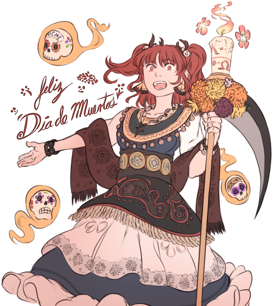 1girl, apron, bracelet, candle, commentary_request, cross, dia_de_los_muertos, dress