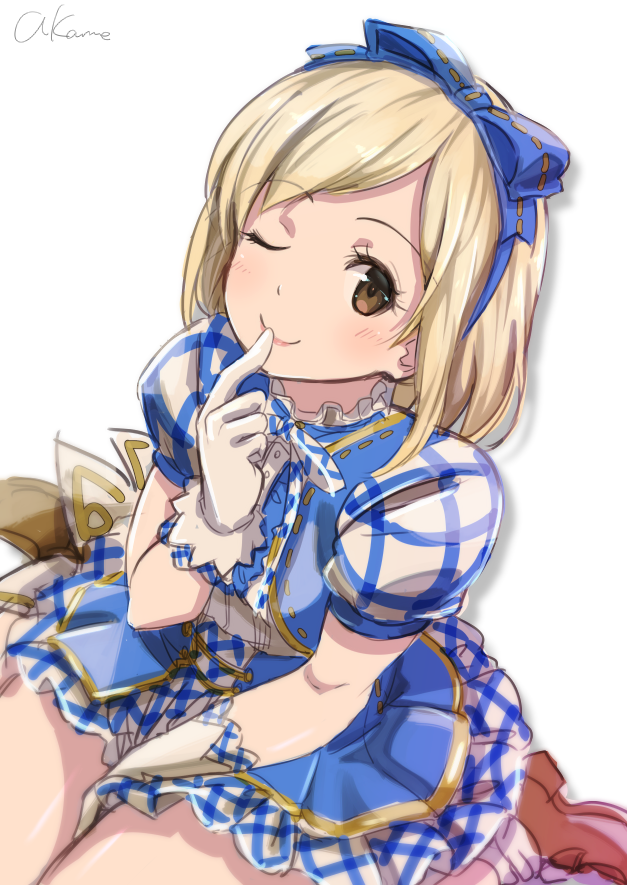 1girl, ;), akame_(akamiru), artist_name, blonde_hair, blue_ribbon, brown_eyes, finger_to_mouth