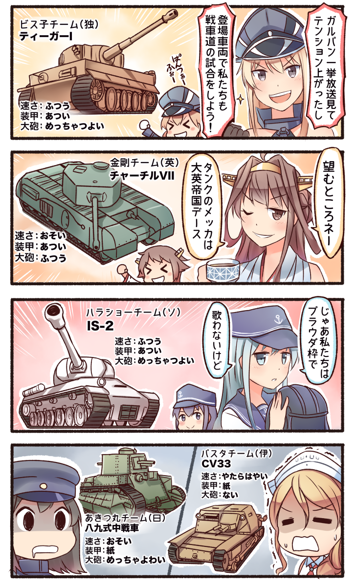>_<, 4koma, 6+girls, akatsuki_(kantai_collection), akitsu_maru_(kantai_collection), bismarck_(kantai_collection), carro_veloce_cv-33, churchill_(tank), closed_eyes, comic, girls_und_panzer, helmet, hibiki_(kantai_collection), hiei_(kantai_collection), highres, ido_(teketeke), is-2, kantai_collection, kongou_(kantai_collection), l3_(tank), littorio_(kantai_collection), military, military_vehicle, multiple_girls, prinz_eugen_(kantai_collection), saliva, tank, tea, tiger_(tank), translated, trembling, type_89_i-gou, vehicle