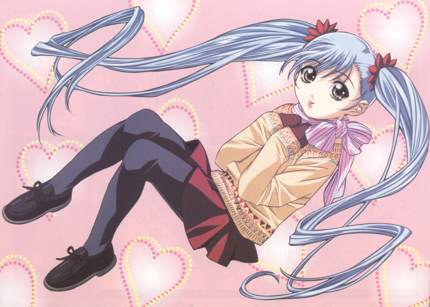 gloves, gotou_keiji, gray_legwear, grey_eyes, heart, highres, hoshino_ruri, kidou_senkan_nadesico, legs, long_hair, pantyhose, scarf, silver_eyes, skirt, smile, sweater, tights, twintails, very_long_hair