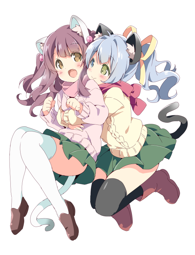 2girls, :3, :d, animal_ears, black_legwear, blue_eyes, blush, boots
