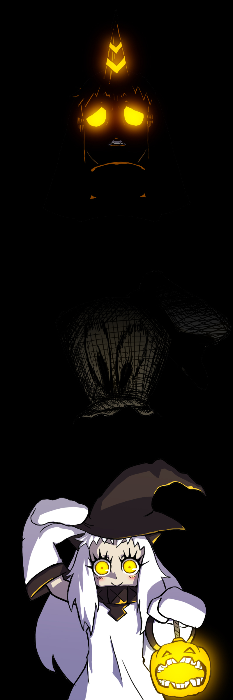 1boy, 2girls, absurdres, asobou_ojisan, black_background, costume, dress, fuan_no_tane