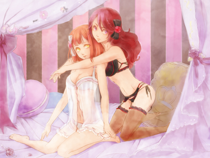 2girls, arms_around_neck, barefoot, bed, black_bra, black_legwear, black_panties, bra