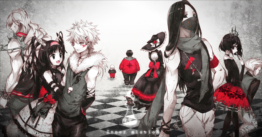 1girl, 6+boys, alluka_zoldyck, alternate_costume, alternate_hairstyle, arm_belt, back, bald