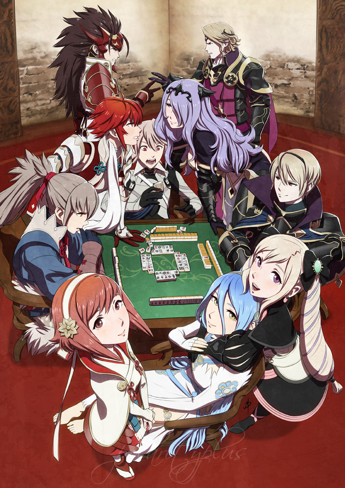 5boys, 5girls, aqua_(fire_emblem_if), armor, blonde_hair, blue_hair, board_game, bow