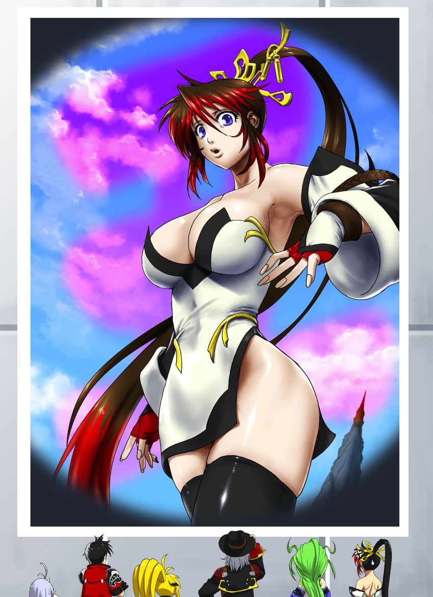 arisu_reiji, armpits, aschen_brodel, black_hair, black_legwear, black_thighhighs, breasts, cleavage