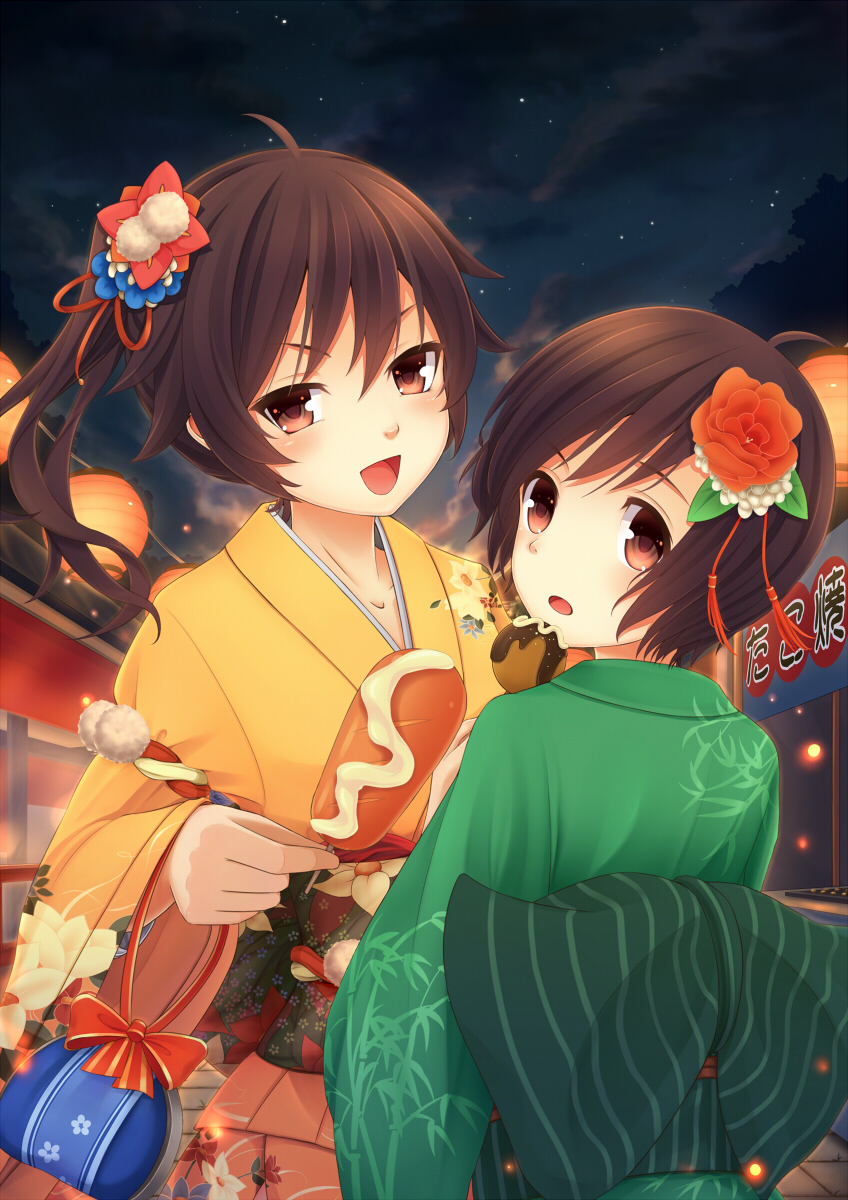 2girls, araragi_karen, araragi_tsukihi, bag, bakemonogatari, black_eyes, black_hair, corndog