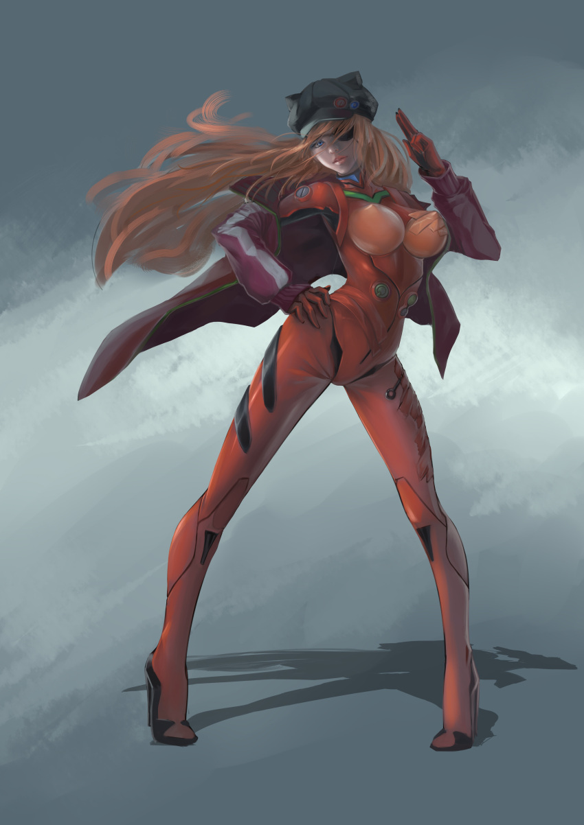1girl, absurdres, blue_eyes, breasts, coat, covered_nipples, eyepatch, glycyrrhizae~, hand_on_hip, highres, hips, large_breasts, lips, long_hair, long_sleeves, looking_at_viewer, neon_genesis_evangelion, nose, pink_lips, plugsuit, pose, rebuild_of_evangelion, salute, shadow, shikinami_asuka_langley, solo, souryuu_asuka_langley, thighs, very_long_hair
