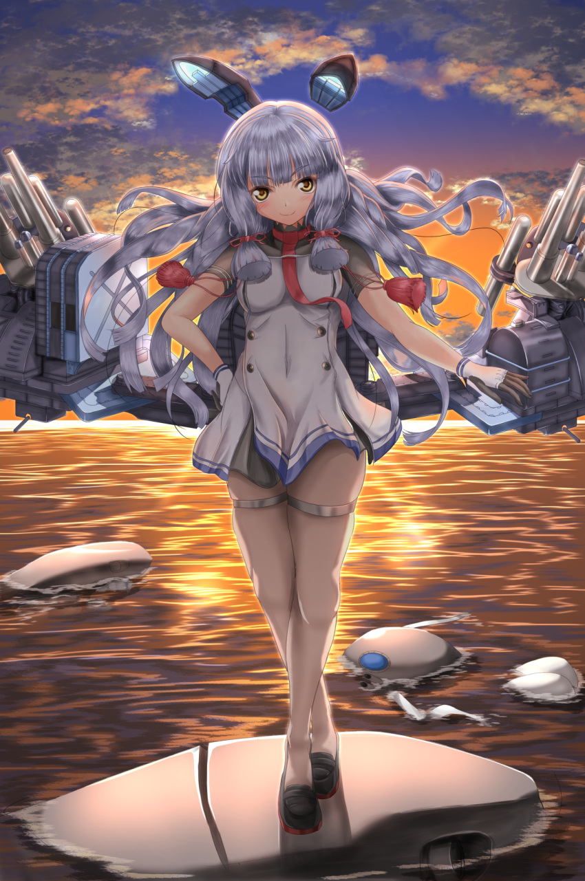 2girls, backlighting, bangs, black_legwear, blunt_bangs, breasts, clouds, covered_navel