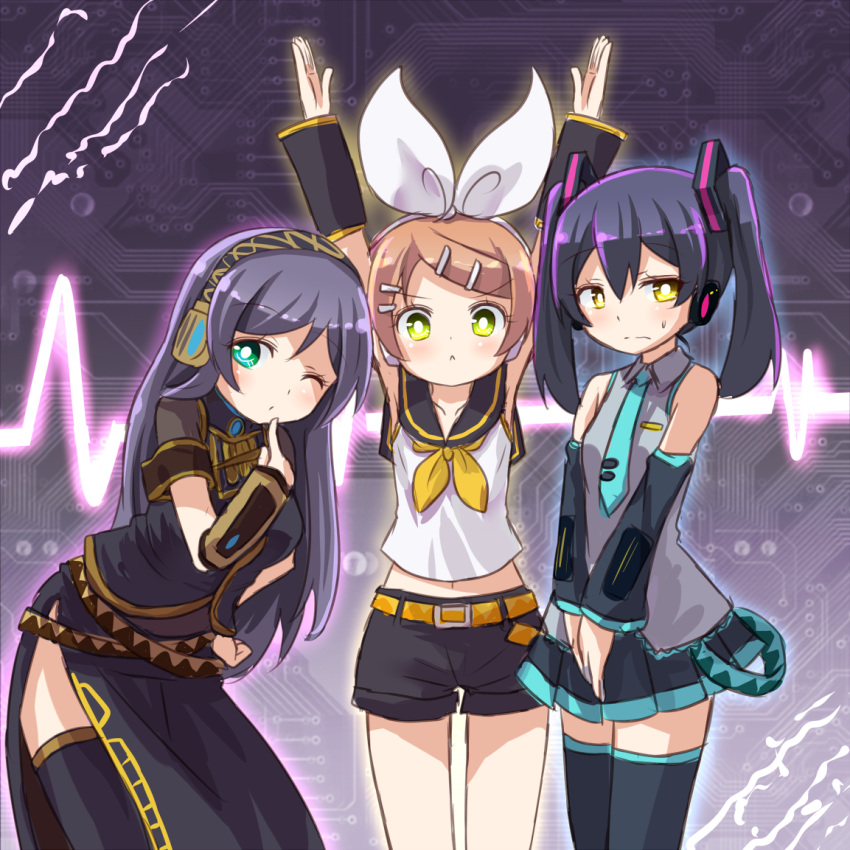 >:<, 3girls, :<, arms_up, belt, black_hair, cosplay, detached_sleeves, ekg, finger_to_mouth, grimace, hair_ornament, hair_ribbon, hairpin, hand_on_hip, hatsune_miku, hatsune_miku_(cosplay), headphones, hoshizora_rin, kagamine_rin, kagamine_rin_(cosplay), love_live!_school_idol_project, megurine_luka, megurine_luka_(cosplay), miniskirt, multiple_girls, necktie, one_eye_closed, orange_hair, purple_hair, ribbon, sailor_collar, shikei_(jigglypuff), short_hair, shorts, side_slit, skirt, sonoda_umi, sweatdrop, thigh-highs, tie_clip, toujou_nozomi, twintails, vocaloid