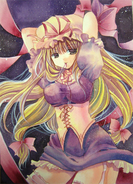 1girl, arms_behind_head, blonde_hair, bow, breasts, choker, corset, cowboy_shot