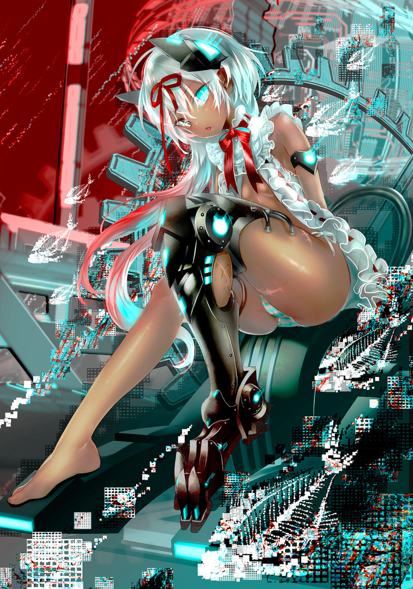 1girl, ahoge, blue_eyes, dark_skin, didi_amen, hair_ribbon, highres, long_hair, no_pants, original, panties, prosthesis, ribbon, robot_ears, scar, solo, striped, striped_panties, underwear, white_hair