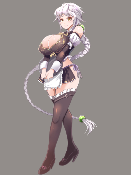 1girl, bare_shoulders, black_legwear, braid, breasts, brown_eyes, cleavage, detached_sleeves, grey_background, heart, high_heels, kantai_collection, large_breasts, long_hair, looking_at_viewer, simple_background, single_braid, solo, taka_(sanoujo358), thigh-highs, unryuu_(kantai_collection), very_long_hair, white_hair