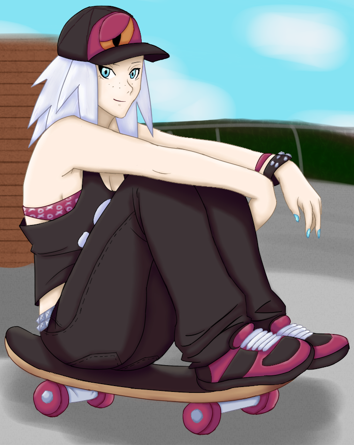 1girl, blue_eyes, hat, homika_(pokemon), jhonb, nail_polish, pokemon, pokemon_(game), short_hair, skateboard, smile, solo, white_hair