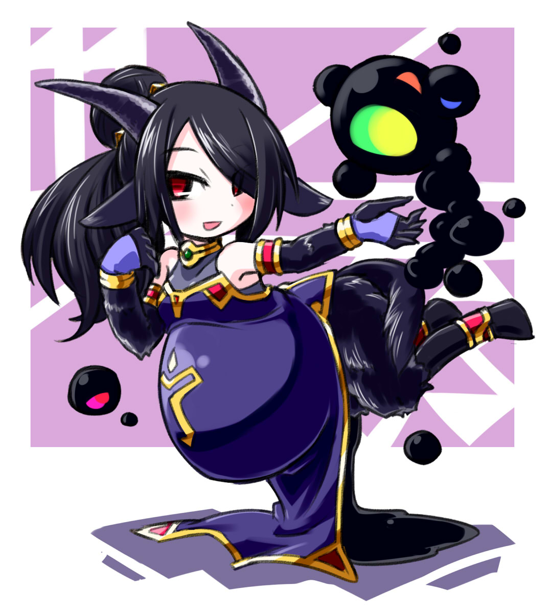 1girl, black_hair, cthulhu_mythos, elbow_gloves, floating, gloves, goat_ears, goat_horns