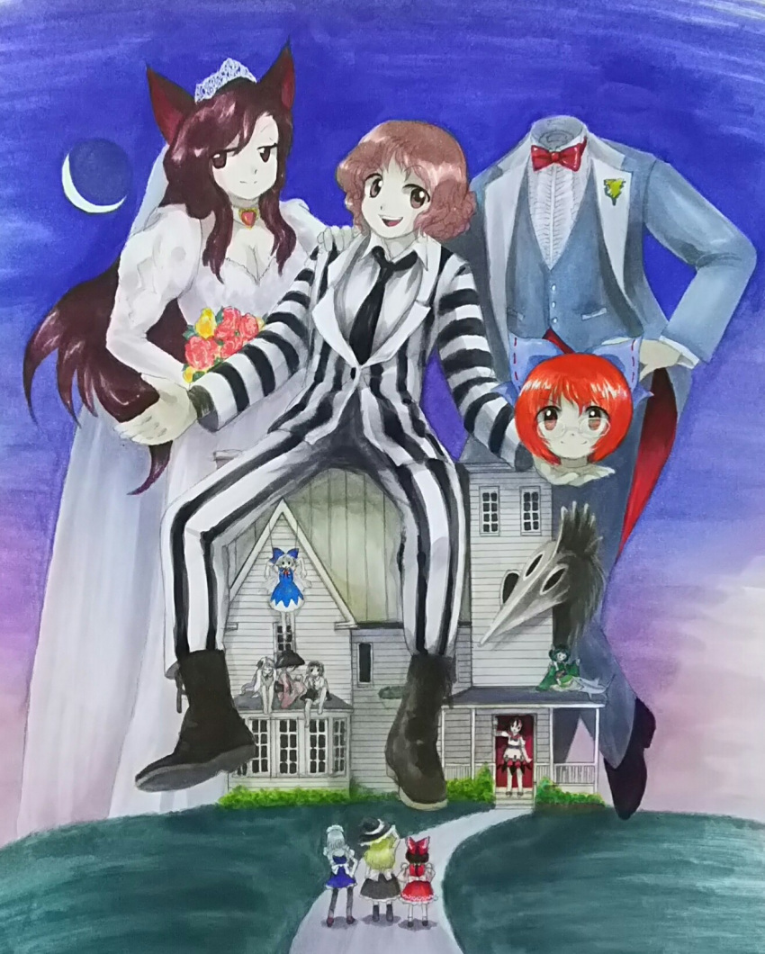 alternate_costume, beetlejuice, cirno, commentary_request, double_dealing_character, hakurei_reimu, highres, horikawa_raiko