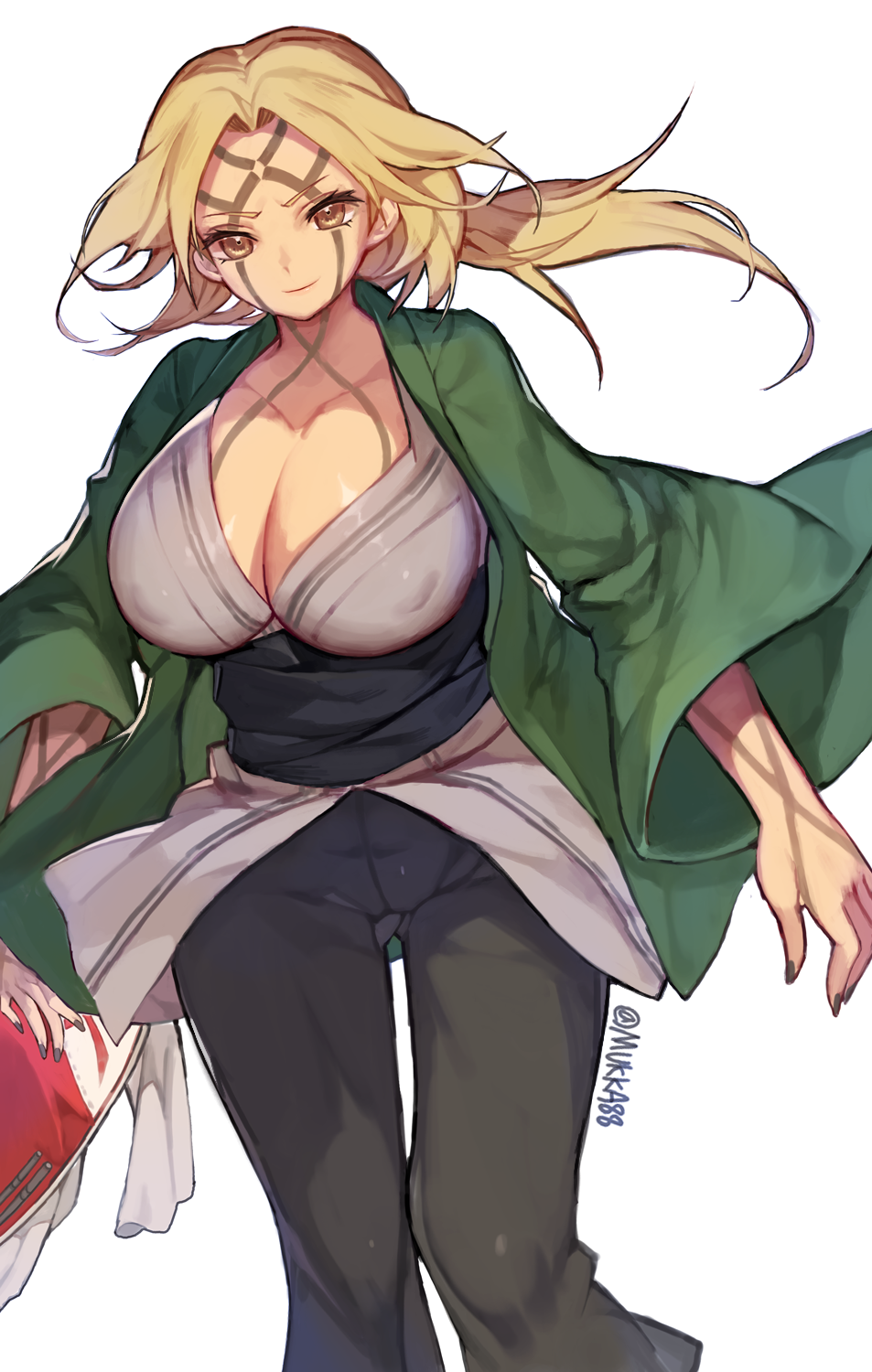 1girl, blonde_hair, breasts, brown_eyes, cleavage, covered_nipples, highres, large_breasts