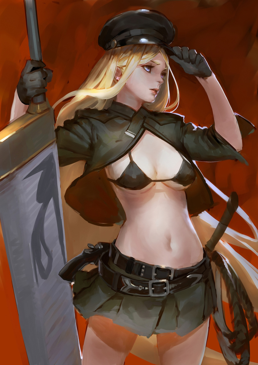 1girl, adjusting_clothes, adjusting_hat, adjusting_headwear, belt, bikini_top, bishamonten_(noragami), black_gloves, black_jacket, black_skirt, blonde_hair, blue_eyes, breasts, buckle, cleavage, copyright_request, cowboy_shot, cropped_jacket, earrings, flower_earrings, gloves, gun, hand_on_head, hand_on_headwear, hand_on_own_head, handgun, hat, highres, holding_sword, holding_weapon, huge_weapon, jacket, jewelry, lips, long_hair, looking_away, midriff, miniskirt, multiple_belts, navel, noragami, parted_lips, qmo_(chalsoma), red_background, skirt, solo, sword, very_long_hair, weapon, whip
