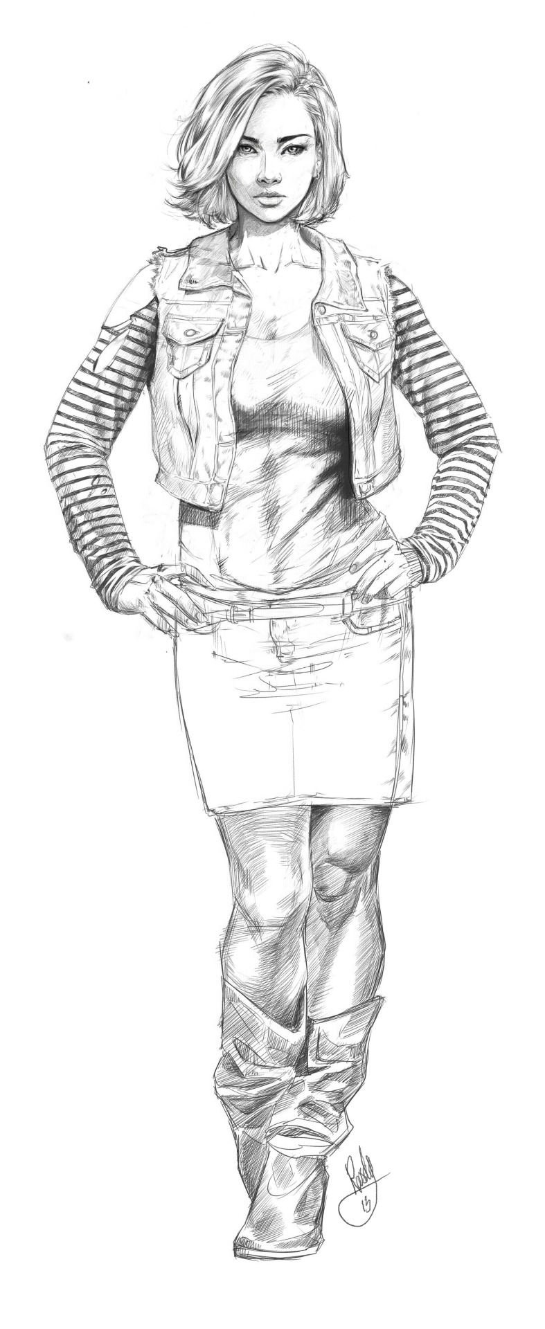 1girl, android_18, dragon_ball, dragon_ball_z, hands_on_hips, highres, leggings, monochrome, realistic, roosdy, short_hair, skirt, solo, torn_clothes