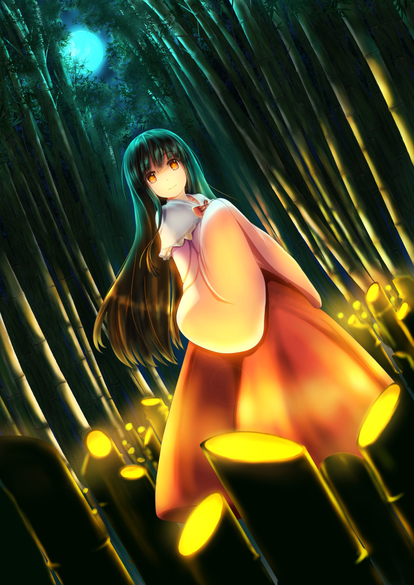 1girl, absurdres, backlighting, bamboo, bamboo_forest, bangs, bow, forest