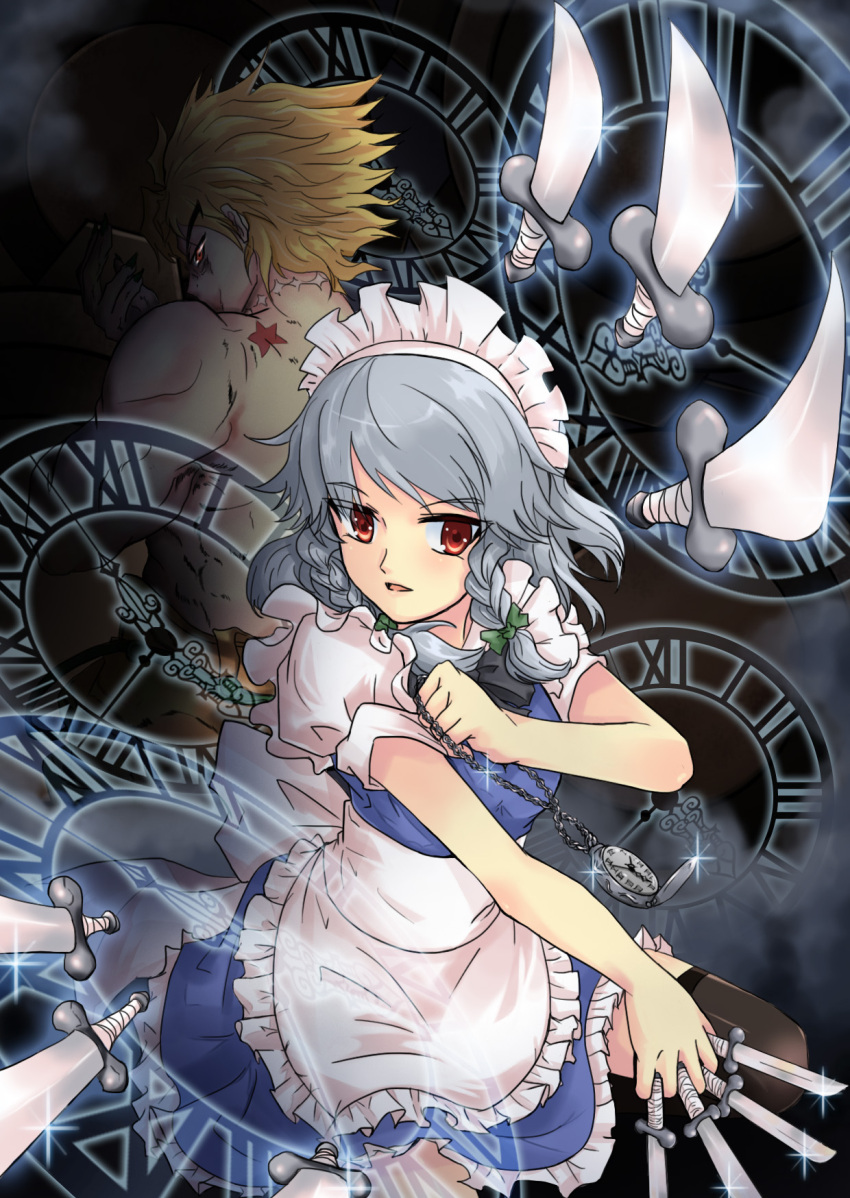 1boy, 1girl, apron, between_fingers, birthmark, black_legwear, blonde_hair, blue_dress