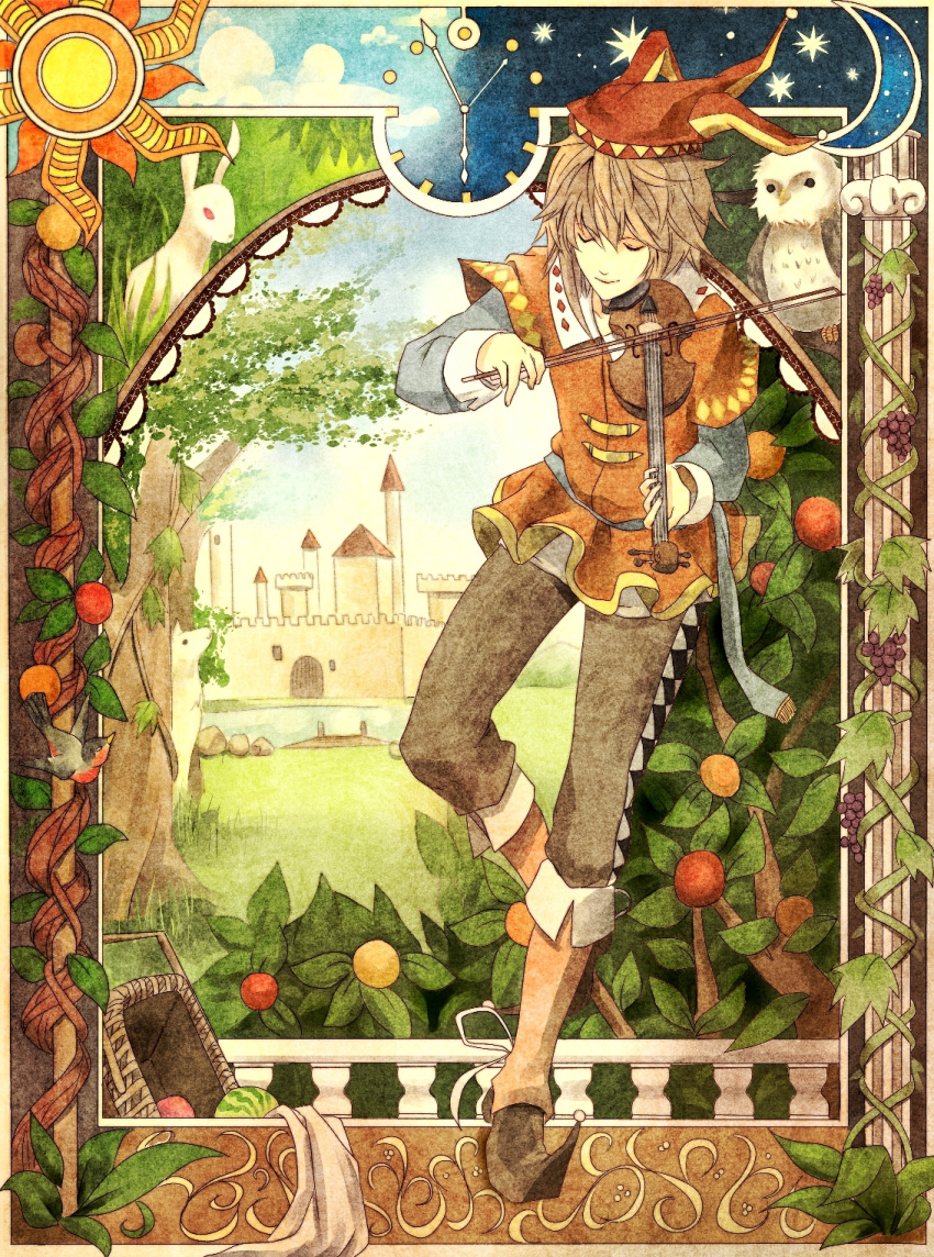 1boy, art_deco, art_nouveau, basket, bird, blonde_hair, boots, castle