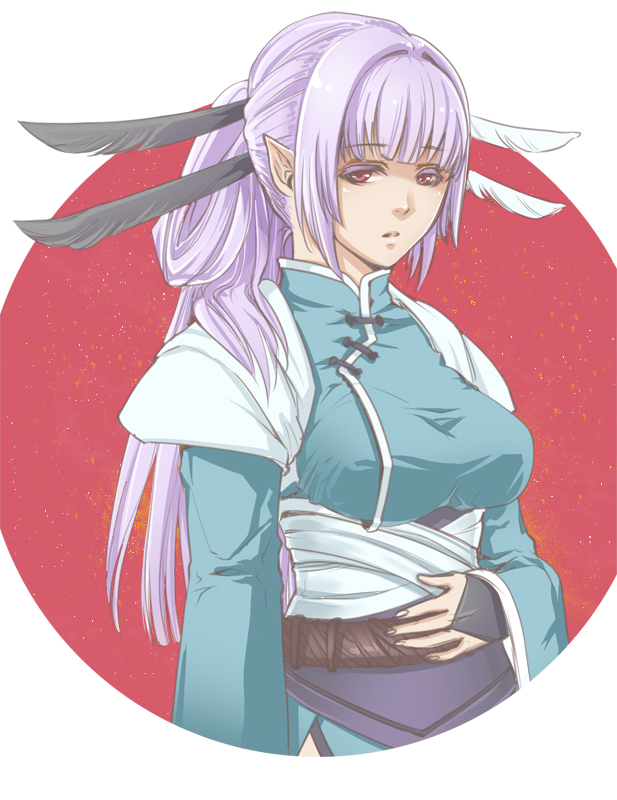 1girl, long_hair, mikoto_(samurai_spirits), niku_(amikoto), pointy_ears, ponytail, purple_hair, red_eyes