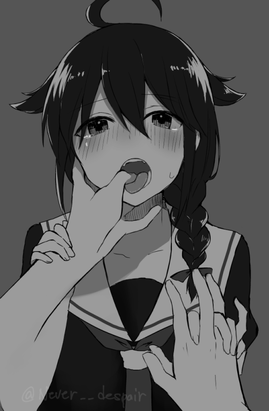 1girl, ahoge, blush, braid, finger_in_mouth, hair_flaps, kantai_collection, monochrome