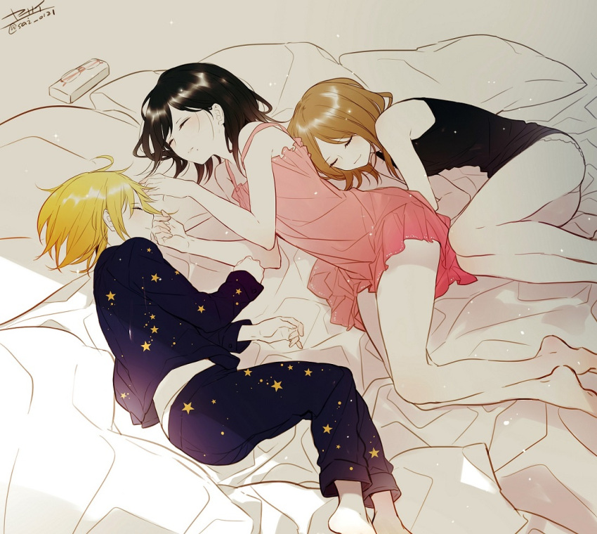 3girls, barefoot, bed, black_hair, blanket, blonde_hair, blush, brown_hair