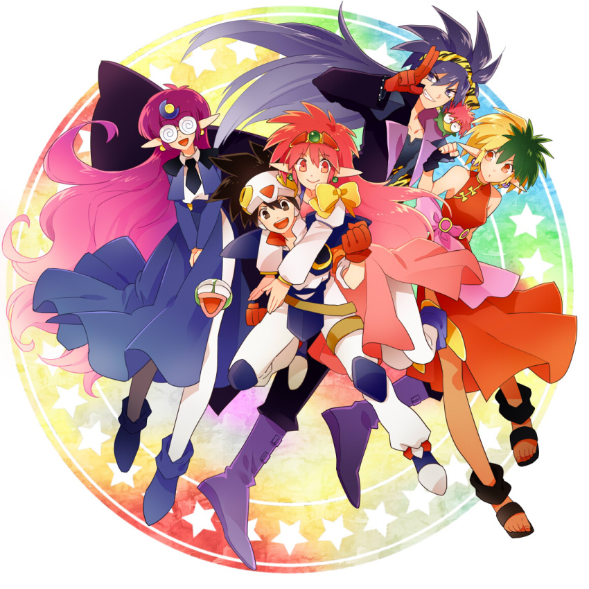 2boys, 3girls, arara_cocoa, arara_milk, baba_lamune, blonde_hair, crescent_hair_ornament, da_cider