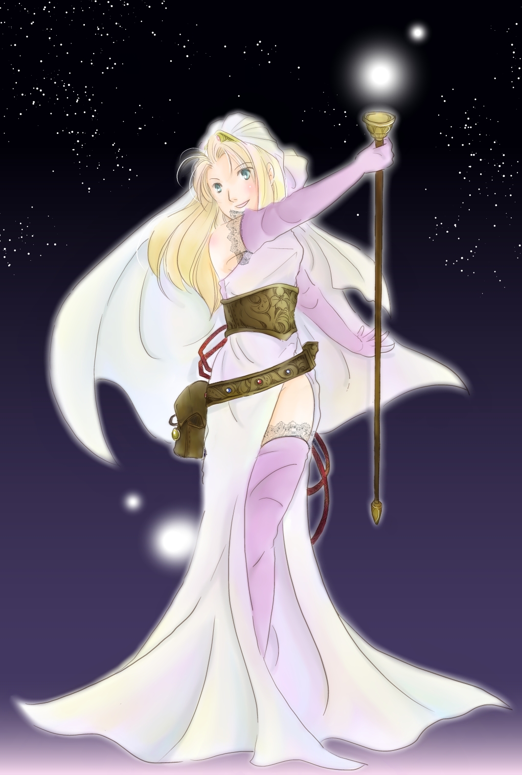 1girl, belt, blonde_hair, class_change, commentary_request, deneb_rove, elbow_gloves, girdle