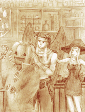 1girl, 2boys, book, bottle, candy, candy_cane, canopus_wolph, deneb_rove