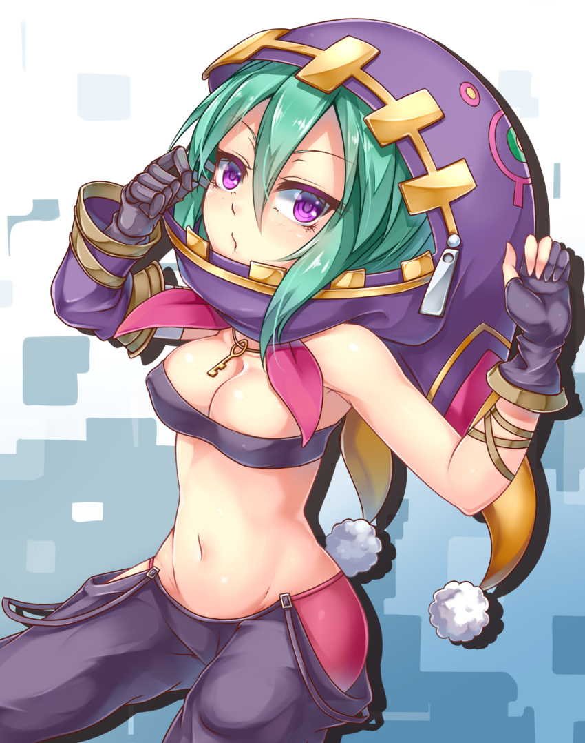 1girl, :o, aqua_hair, armpits, asymmetric_gloves, bare_shoulders, black_gloves, blue_background