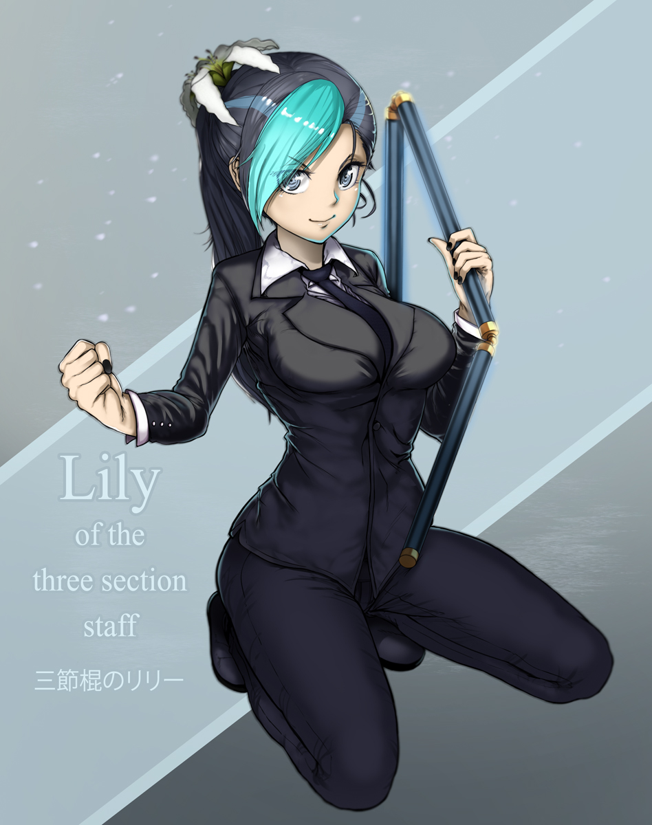 1girl, aqua_hair, between_breasts, black_hair, black_nails, black_necktie, black_shoes, blue_eyes