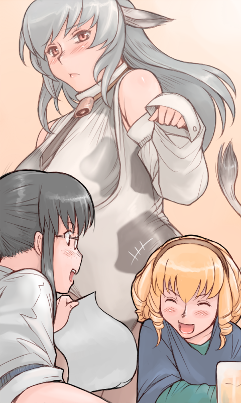 animal_ears, bell, bell_collar, black_hair, blonde_hair, blush, casual, collar, cow_ears, cow_print, cow_tail, detached_sleeves, glasses, hairband, hina_ichigo, kusabue_mitsu, necktie, pantyhose, rozen_maiden, rozenweapon, silver_hair, suigintou, tail