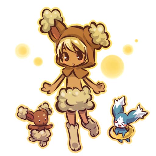 1boy, :o, blush_stickers, boots, brown_eyes, brown_hair, buneary, costume