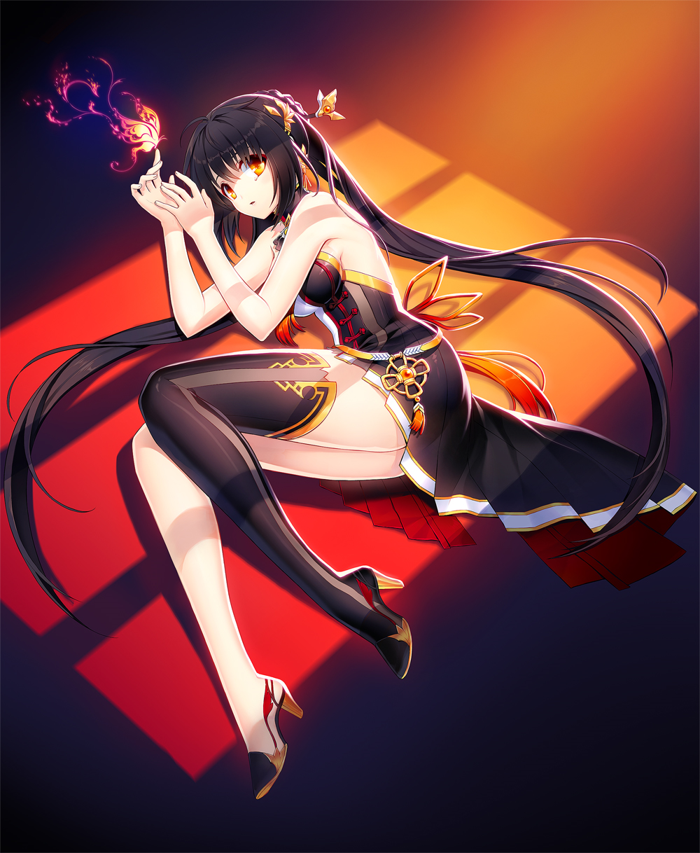 1girl, ara_han, artist_request, black_hair, dress, elsword, high_heels, highres, jewelry, long_hair, lying, on_side, orange_hair, single_thighhigh, solo, thigh-highs, twintails, very_long_hair, yama_raja_(elsword)