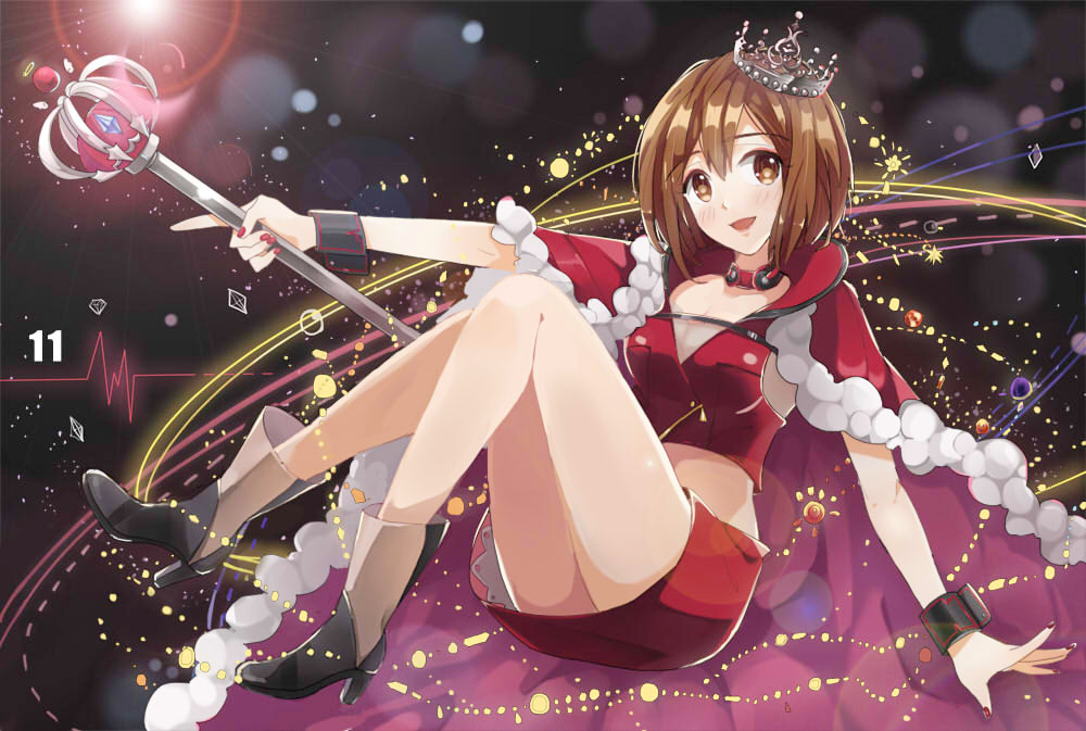 1girl, blush, boots, brown_eyes, brown_hair, choker, crop_top, full_body