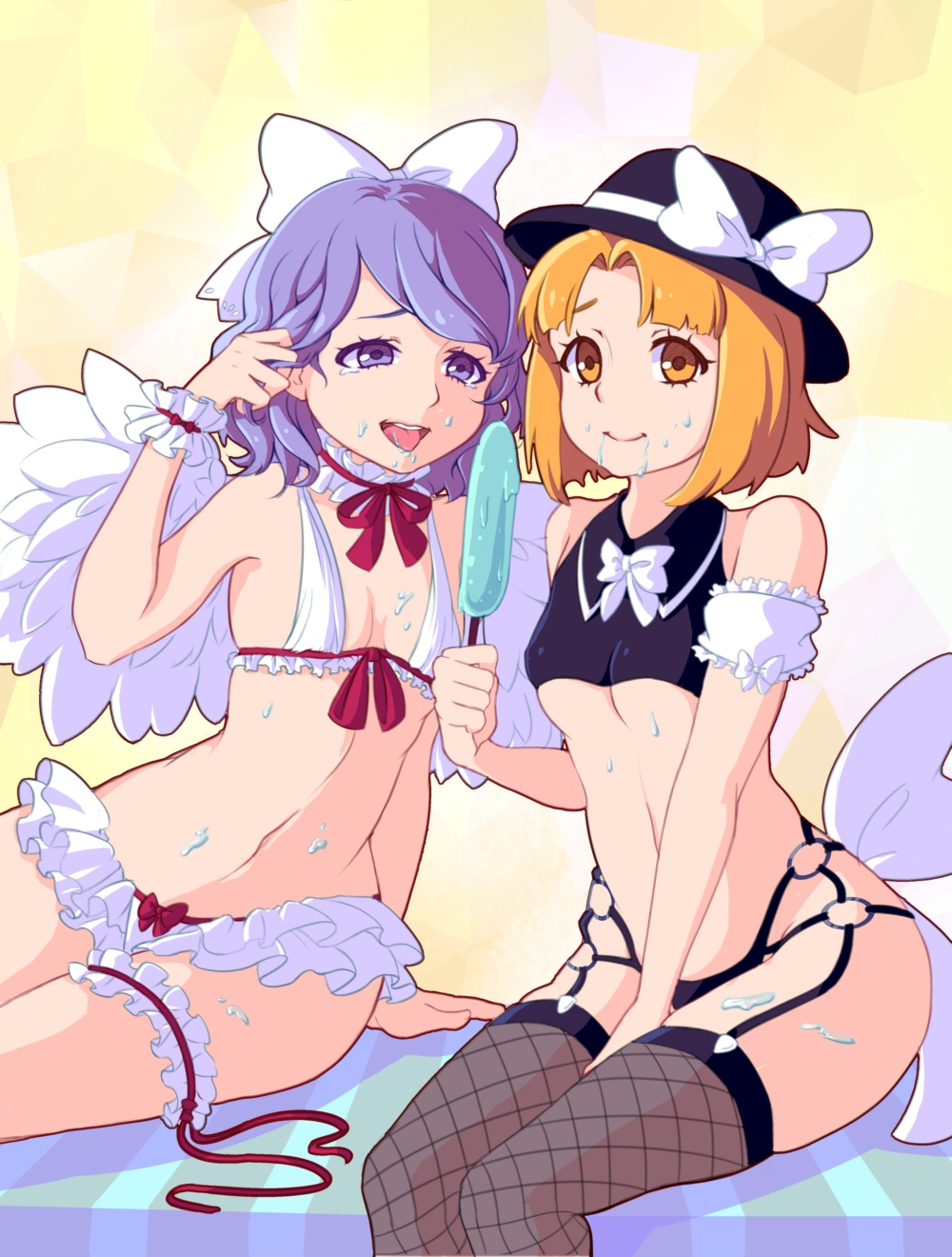 1elda1, 2girls, bikini, blue_eyes, blue_hair, choker, crop_top, crop_top_overhang