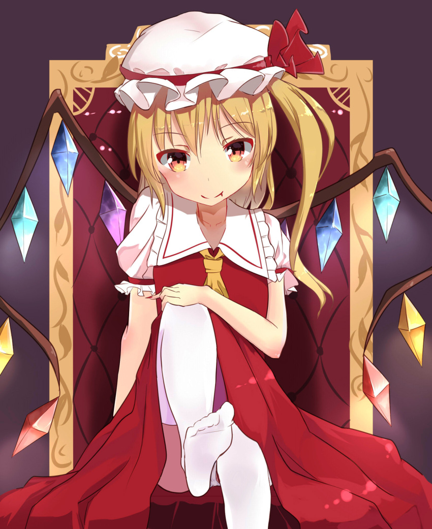 1girl, ascot, asymmetrical_hair, blonde_hair, blush, color1087, crystal, fang