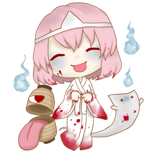 1girl, blood, blood_on_face, blood_on_hands, bloody_clothes, chibi, chouchin_obake, floating