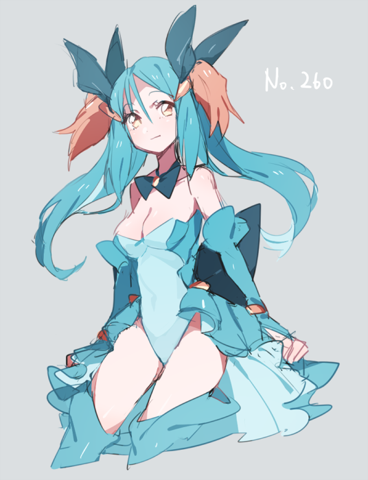 1girl, bare_shoulders, blue_dress, blue_hair, bowtie, breasts, brown_eyes, cleavage