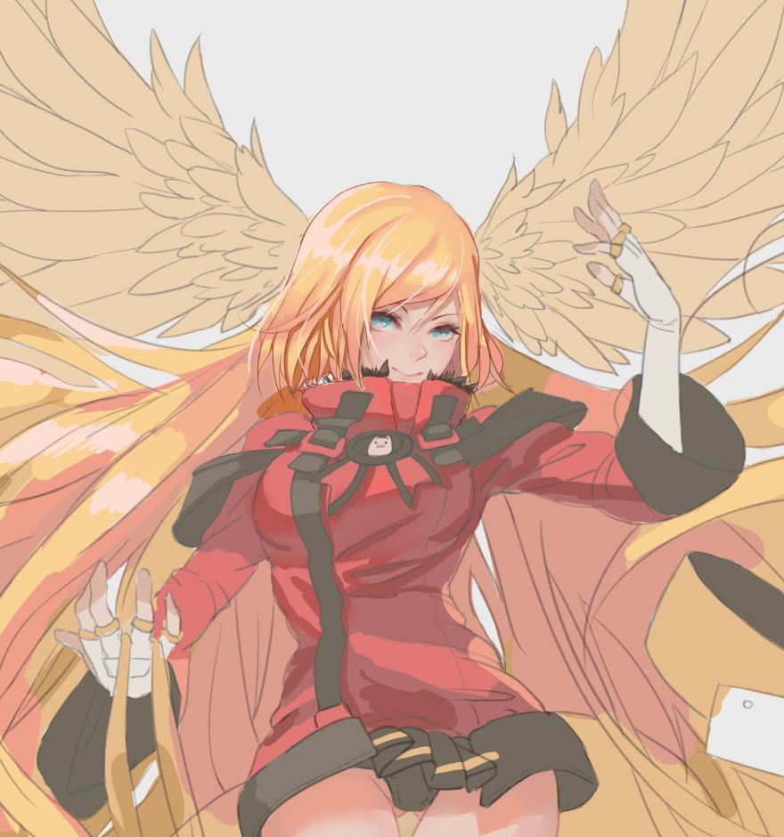 1girl, black_panties, blonde_hair, blue_eyes, breasts, dress, fingerless_gloves, gloves
