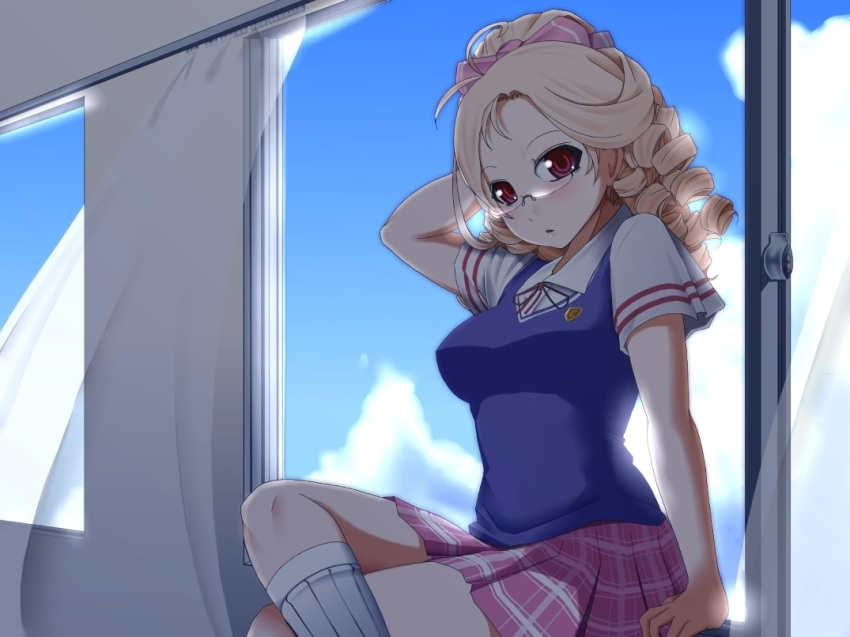 arms_up, blonde_hair, blush, chemical-x, crossed_legs, curtains, drill_hair, glasses, plaid, plaid_skirt, red_eyes, ribbon, ringlets, school_uniform, sitting, skirt, sky, socks, sweater_vest, tartan, window