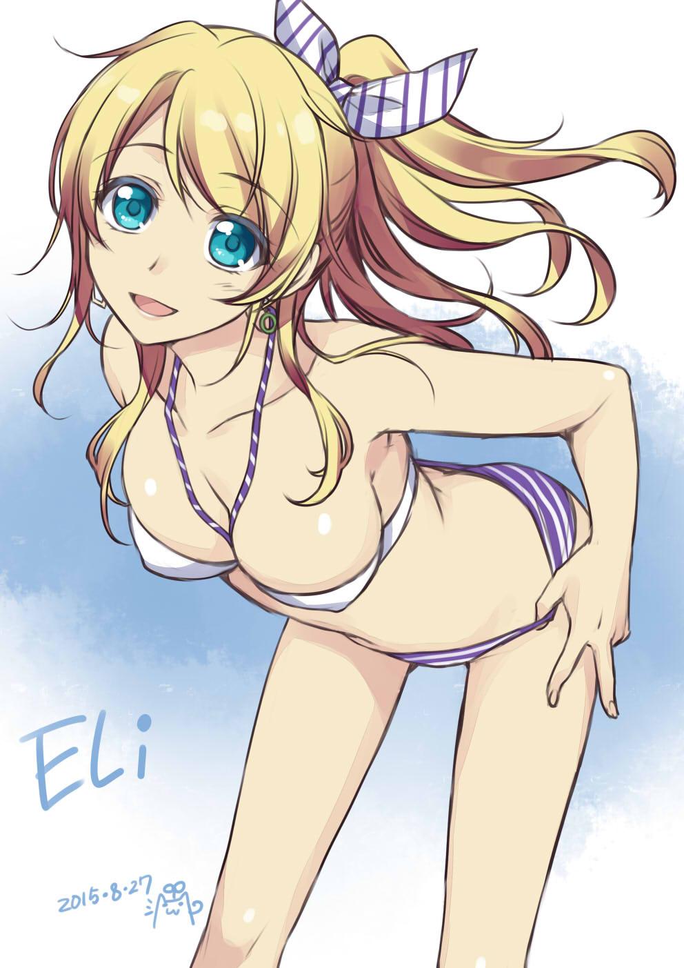 1girl, alpha_(yukai_na_nakamatachi), ayase_eli, bikini, blonde_hair, blue_eyes, blush, breasts, character_name, highres, looking_at_viewer, love_live!_school_idol_project, open_mouth, ponytail, smile, solo, swimsuit