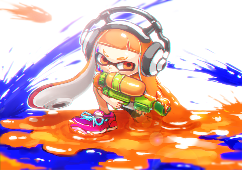 1girl, bike_shorts, domino_mask, headphones, inkling, kiritani846, long_hair, mask