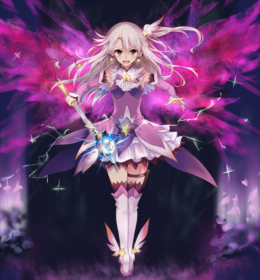 1girl, ankle_wings, boots, detached_sleeves, dress, earrings, energy_wings, fate/kaleid_liner_prisma_illya